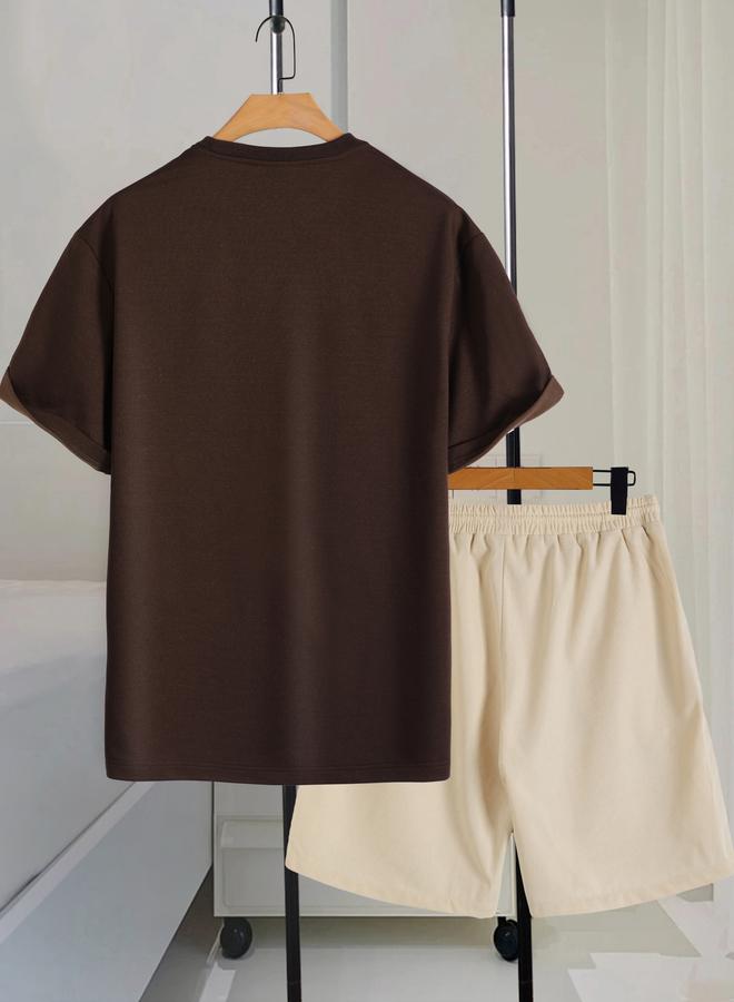 Take Two Men Brown Solid T-Shirt and Shorts Co-Ords - Image 2